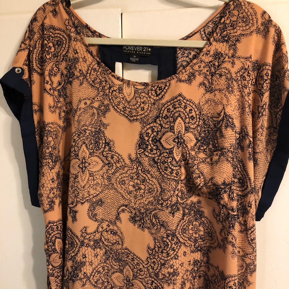 Pink and navy blue floral cut out back blouse